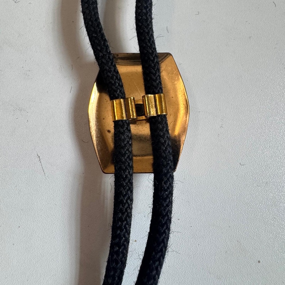 Vintage Western Copper Saddle Bolo Tie Shield Black Braided Cord Cowboy Tie - Picture 7 of 8